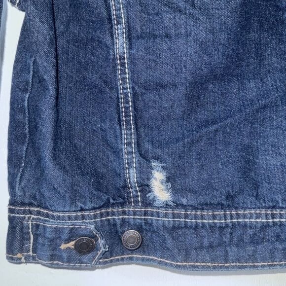 Rue21 Distressed Medium Wash Denim Jacket L/S Rip Torn Style Plaid Lining Size M - Picture 6 of 10